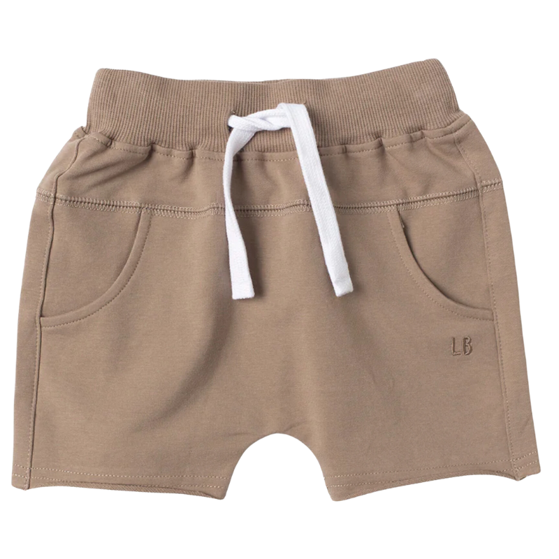 Little Bipsy raw edge harem shorts in taupe