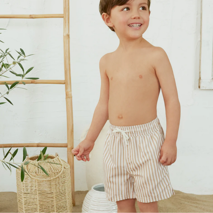 Petit Lem - Striped Swim Shorts in Taupe (3 and 6)
