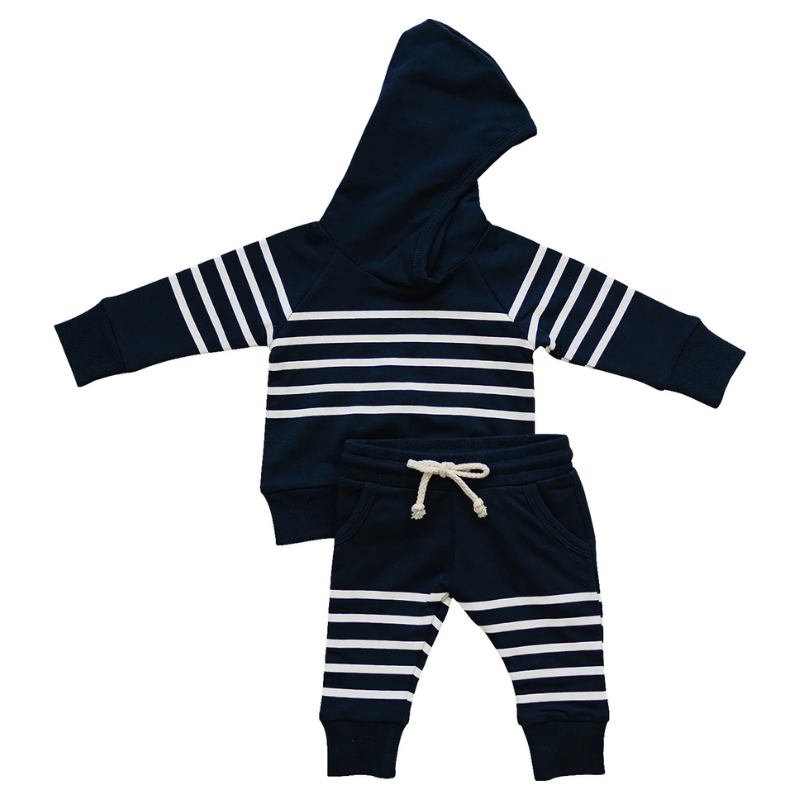 Mebie Baby - Hooded French Terry Set in Navy Stripes
