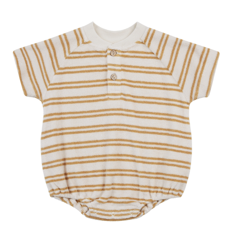 Quincy Mae - Terry Henley Romper in Honey Stripe (6-12mo)