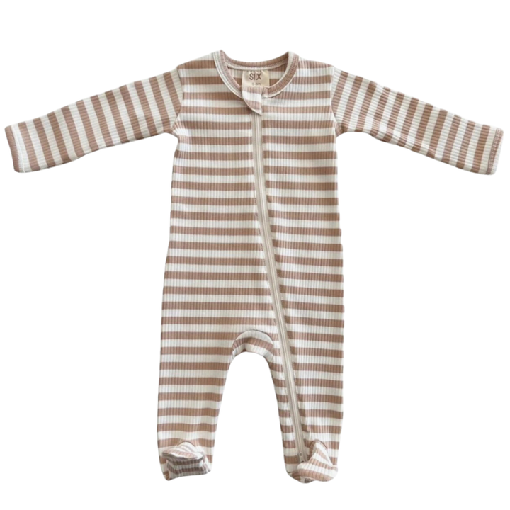 SIIX - Organic Ribbed Two-Way Zip Footie in Tan Stripes