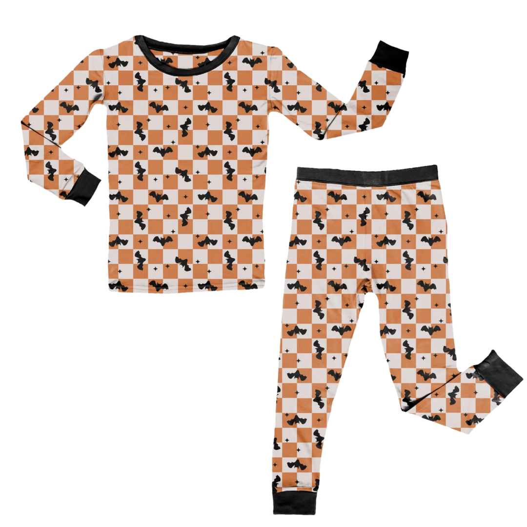 Sunshine Luckies - Halloween Bats Two-Piece PJs in Orange/White