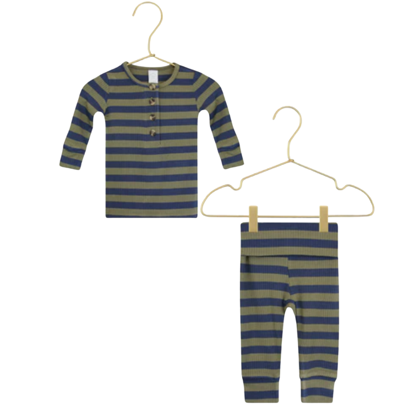 Lou Lou & Co - Infant Rome Top + Bottom Set in Navy/Green Stripes