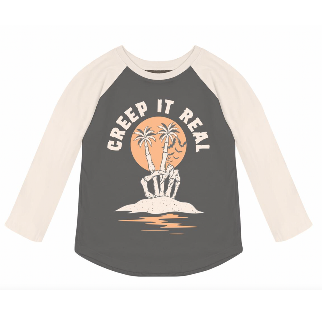 Tiny Whales - 'Creep It Real' LS Raglan in Faded Black/Cream
