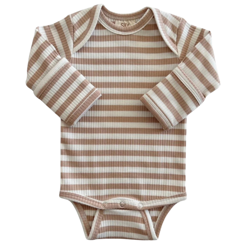 organic baby onesie tan stripes