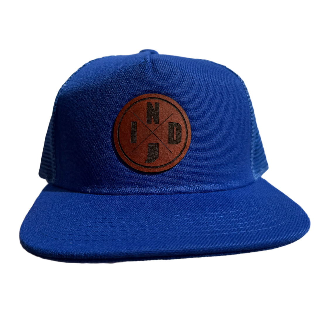 Left Grain - Indiana Round Patch Mesh Trucker Snapback Hat in Royal Blue
