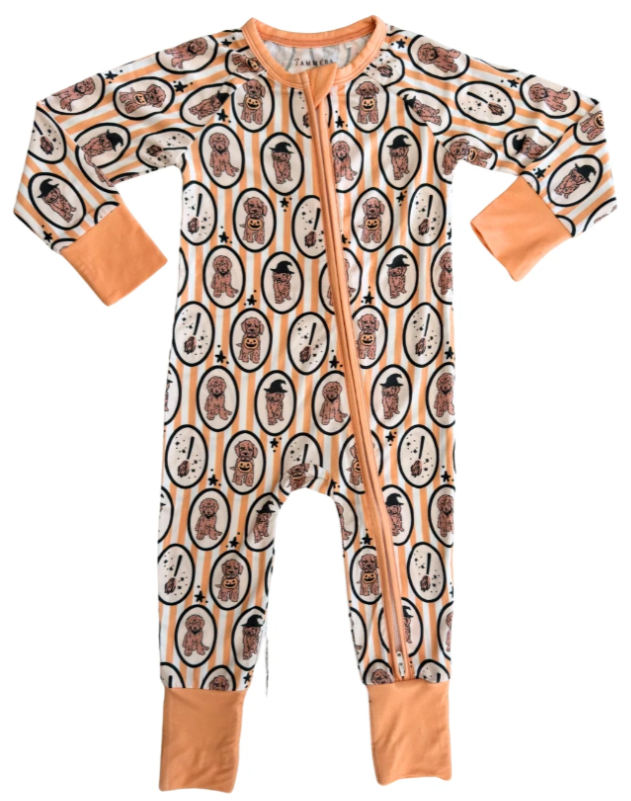 In My Jammers Howl-o-ween Pups zip sleeper in orange stripes