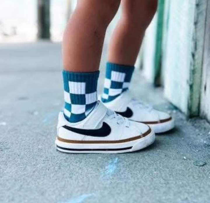 Kickin It Up Socks teal checkered kids socks