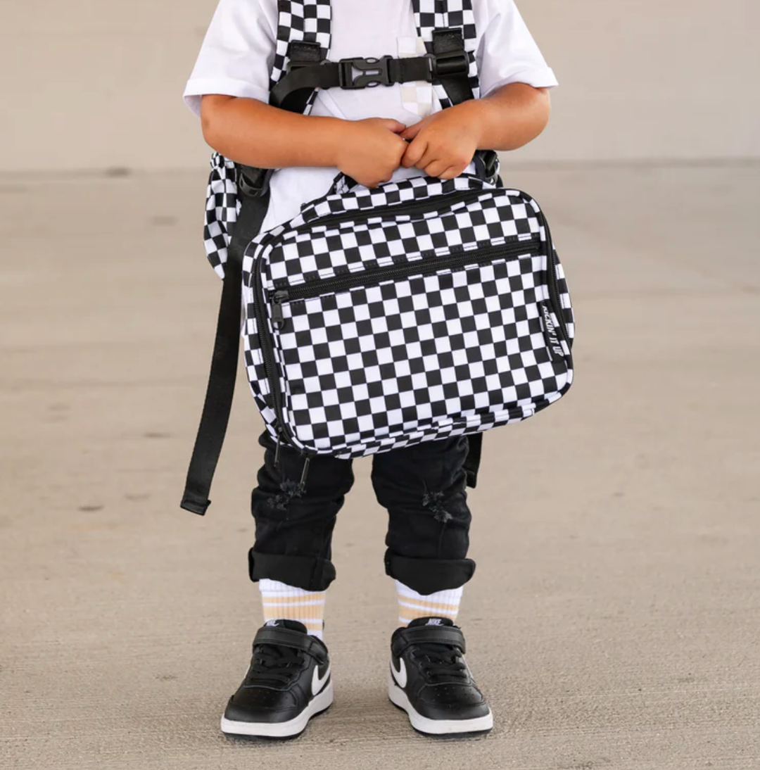 Kickin It Up black and white checkered kids modern lunch box