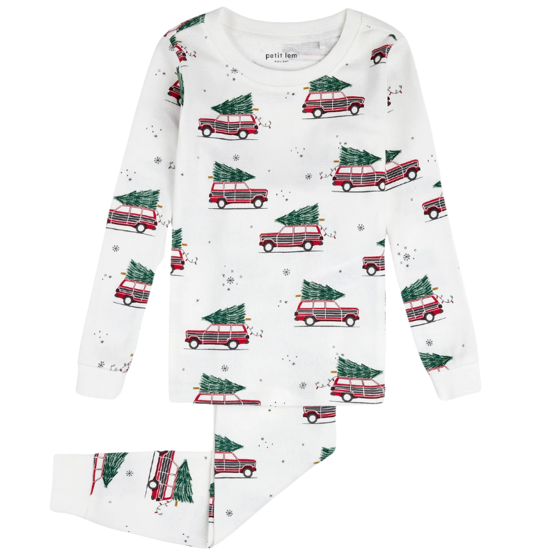 Petit Lem Festive Cars Two Piece PJs in Off White