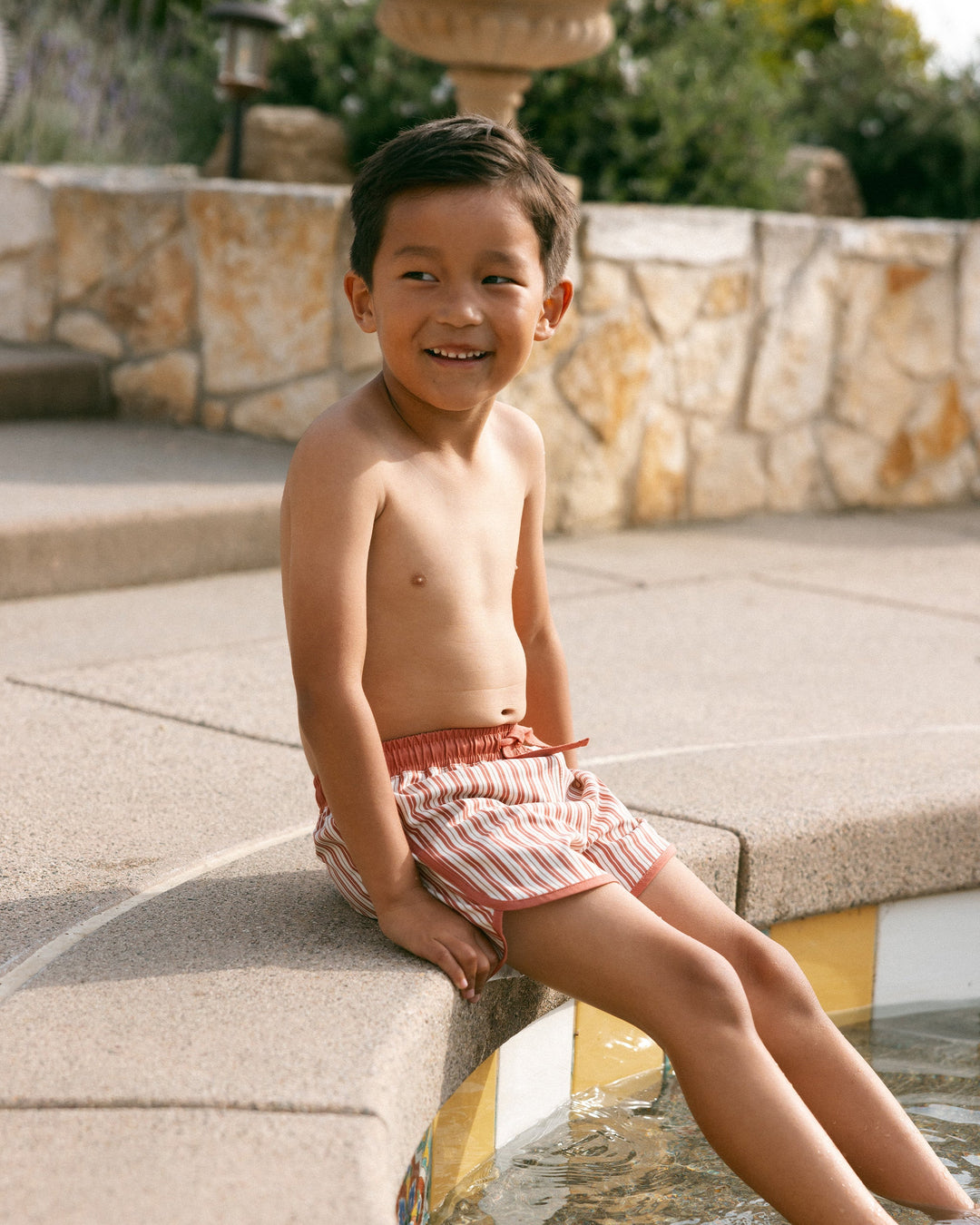 Rylee + Cru - Boys Pinstripe Swim Trunks in Poppy