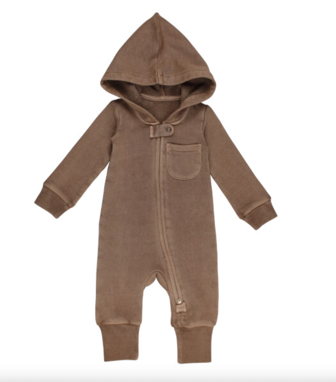 Loved Baby - Organic Cozy Hooded Zip Romper in Umber