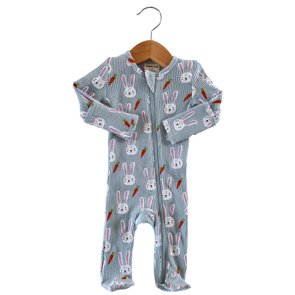 SpearmintLOVE - Organic Waffle Zip Footie in Brother Bunny Blue (Newborn and 9-12mo)