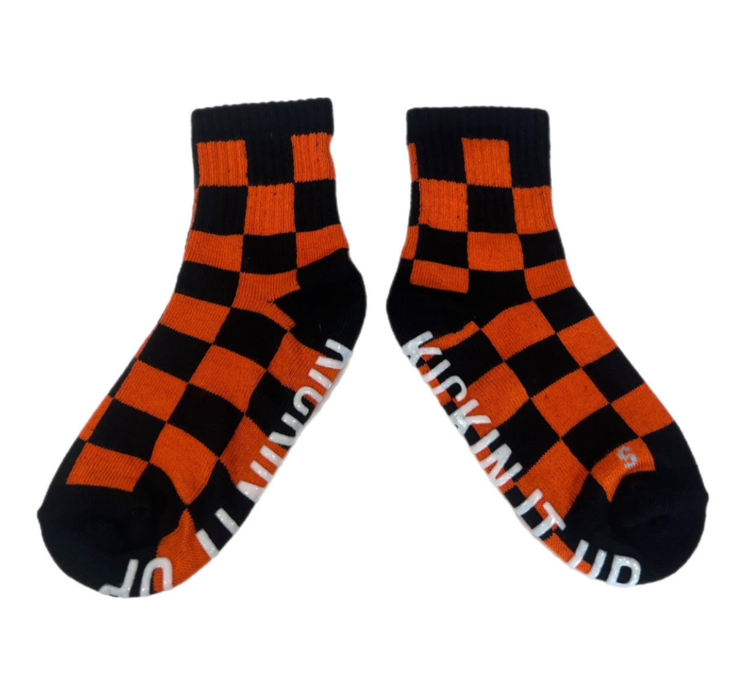 Kickin It Up Socks - All-Over Checks in Black/Orange