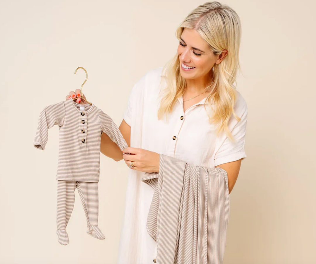Lou Lou & Co - Infant Banks Top + Bottom Set in Tan w/ Micro Stripes