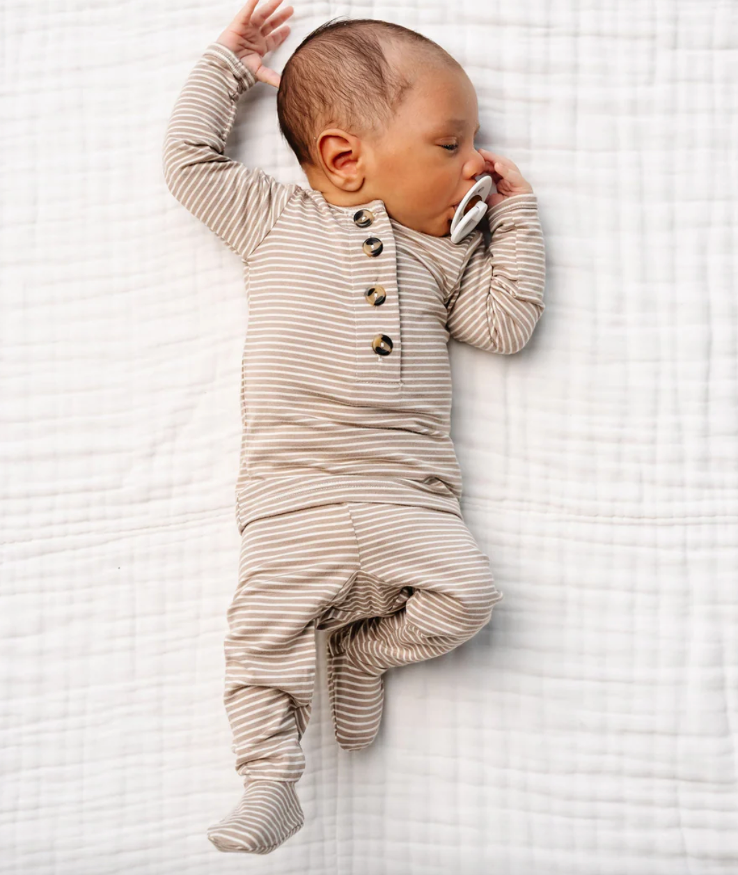 Lou Lou & Co - Infant Banks Top + Bottom Set in Tan w/ Micro Stripes