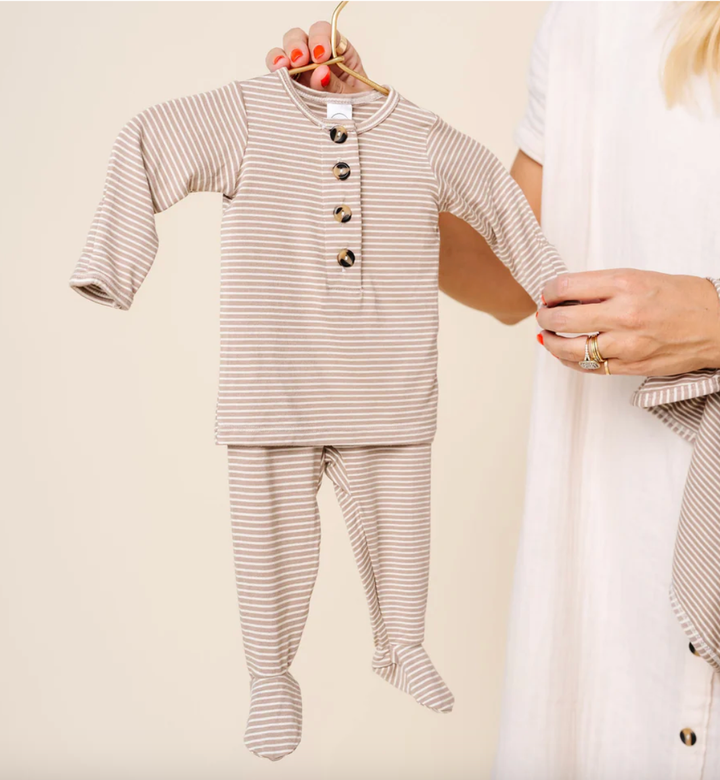 Lou Lou & Co - Infant Banks Top + Bottom Set in Tan w/ Micro Stripes