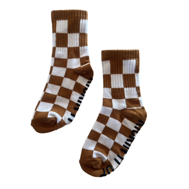 Kickin It Up Socks - All-Over Checks in Camel and White