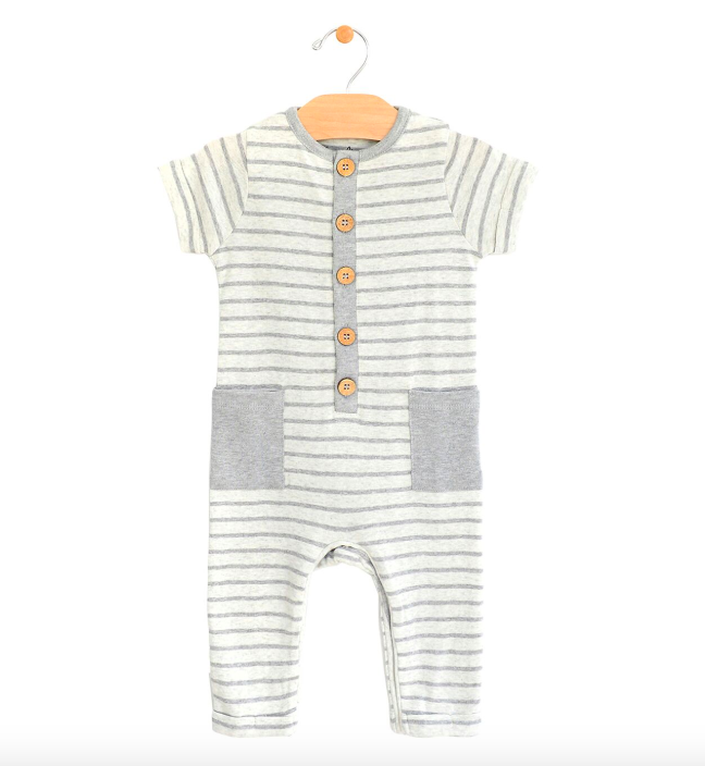 City Mouse - Baby Long Button Romper in Melange Grey Stripe