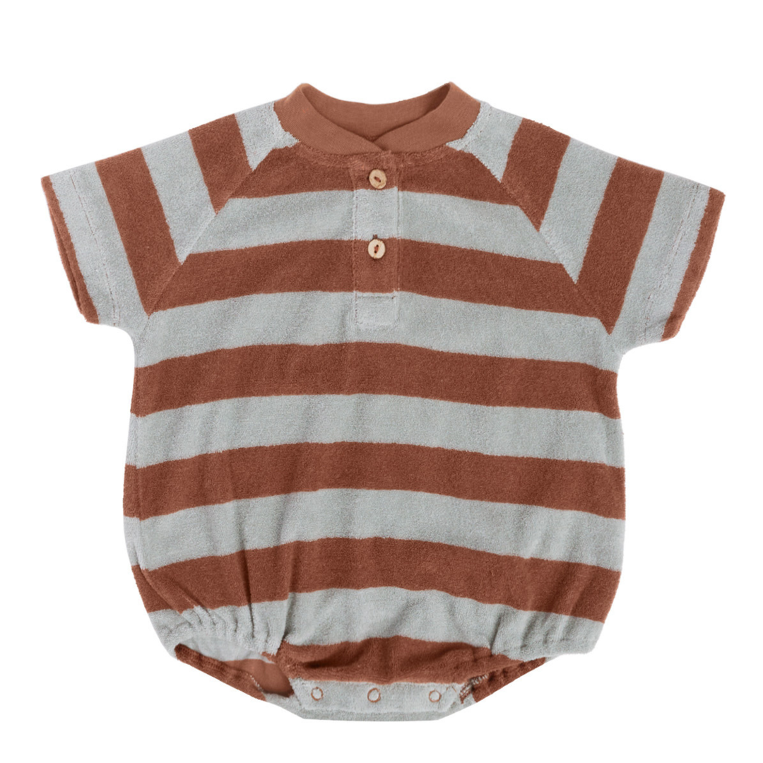 Quincy Mae - Terry Henley Romper in Sienna/Sky Stripes