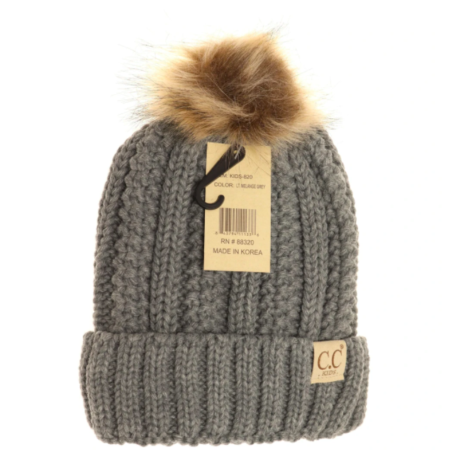 C.C. Beanie - Kids Fuzzy Lined Fur Pom Beanie in Grey