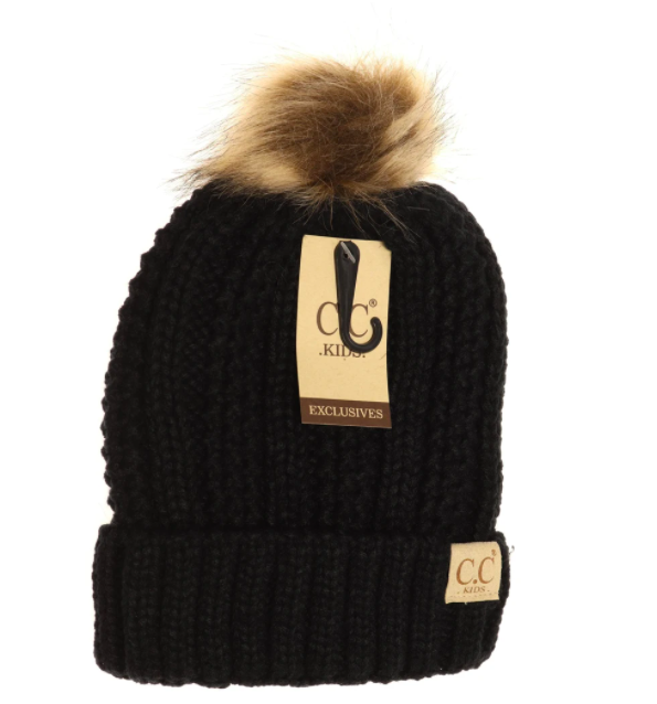 C.C. Beanie - Kids Fuzzy Lined Fur Pom Beanie in Black