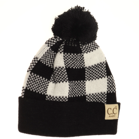 C.C. Beanie - Baby Buffalo Plaid Pom Beanie in White/Black