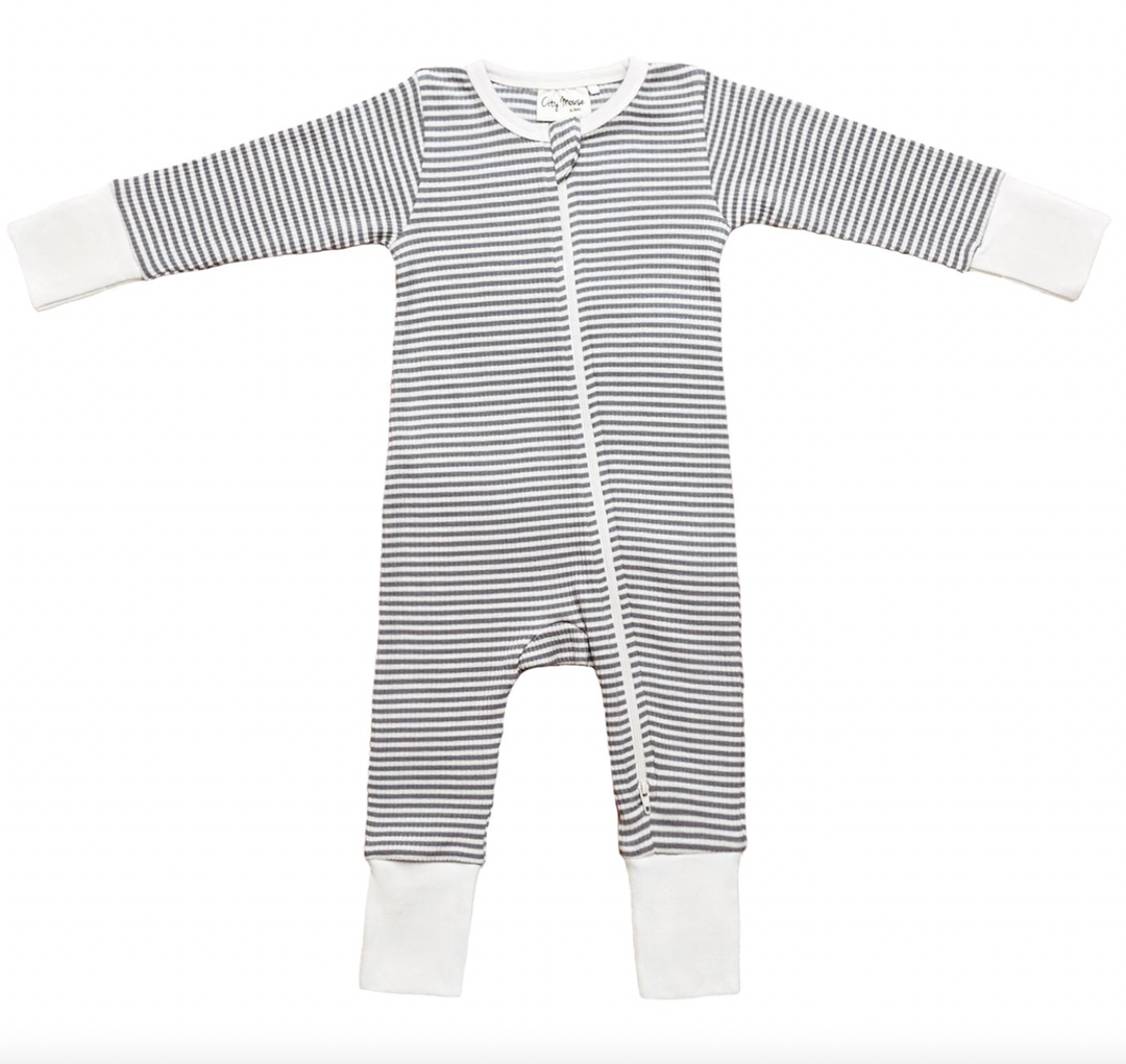City Mouse long romper in slate stripes