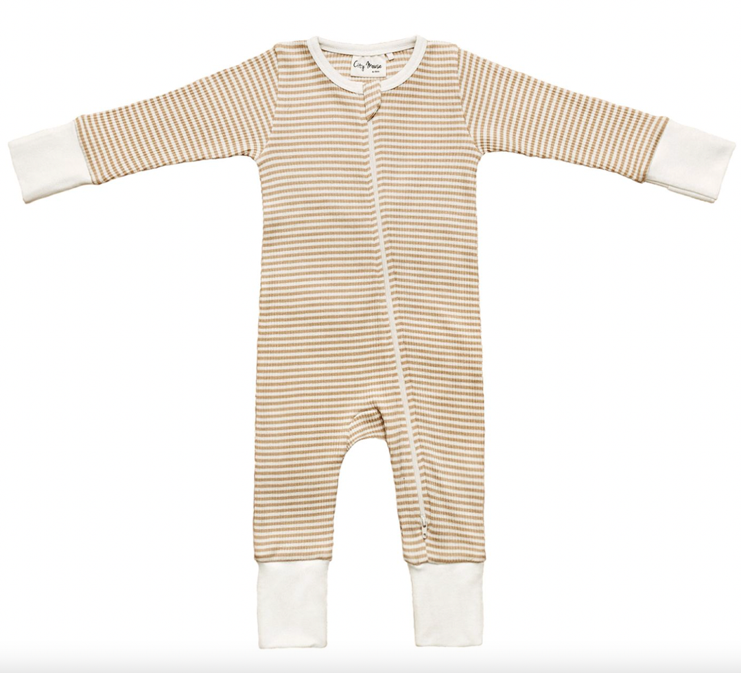 City Mouse - Organic Ribbed Zip Romper in Sesame Stripe (NB)