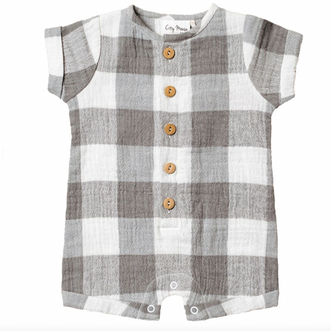 Muslin baby romper grey buffalo check