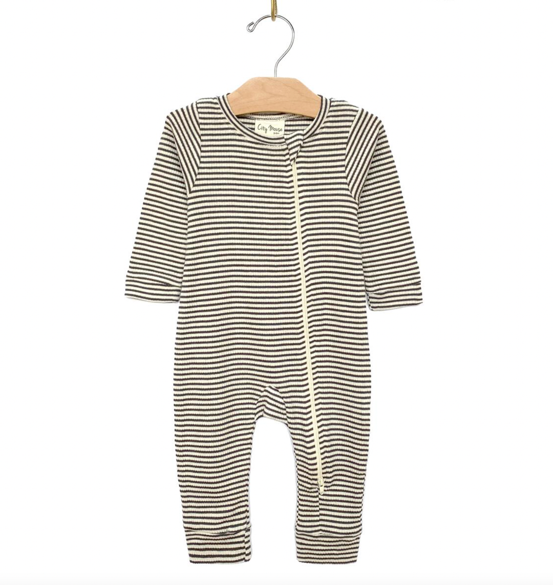 City Mouse - Modal Ribbed Zip Romper in Natural Stripe