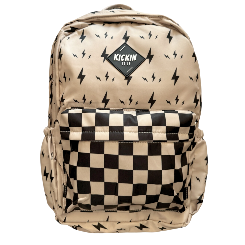 Kickin It Up backpack in beige with bolts and checks