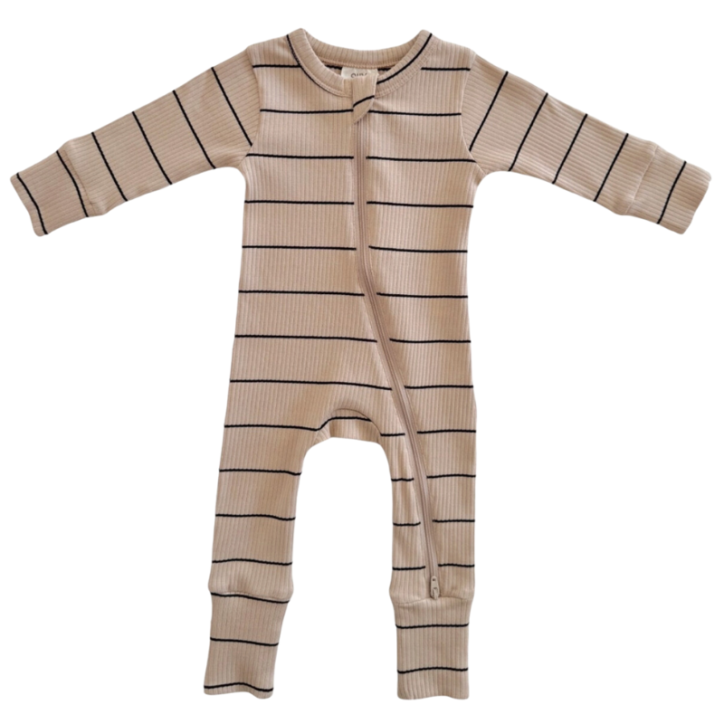 SIIX - Organic Ribbed Two-Way Zip Romper in Tan w/ Black Stripes