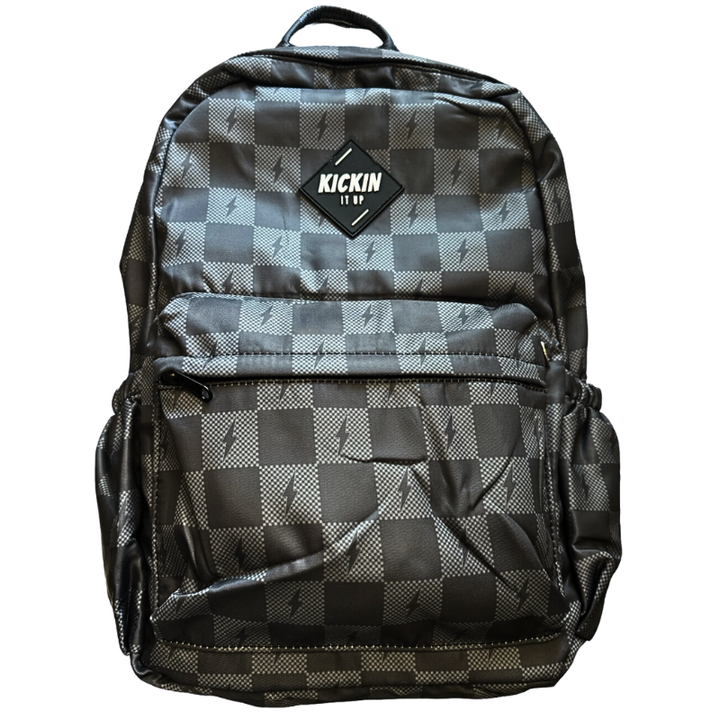 Kickin It Up Backpacks grey checks and bolts