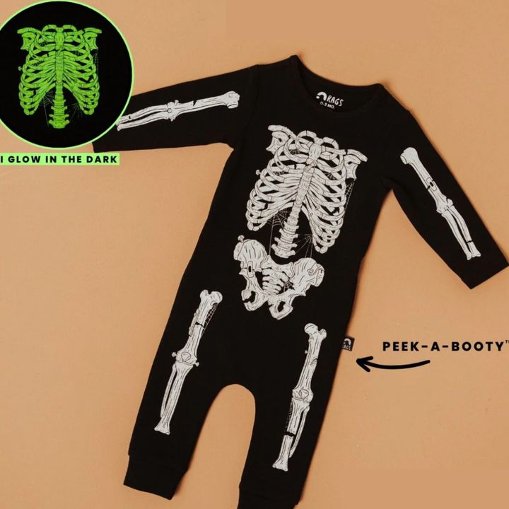 Rags - Baby Skeleton Peek-a-Booty Romper in Black