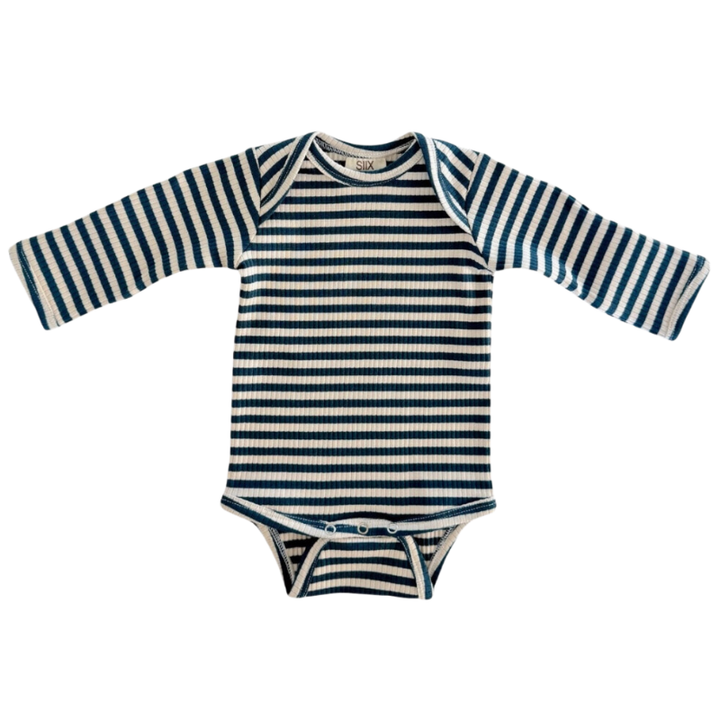 SIIX - Organic Ribbed Long Sleeve Onesie in Blue Steel Stripes