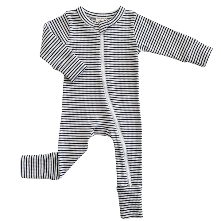 Organic baby romper in black stripes