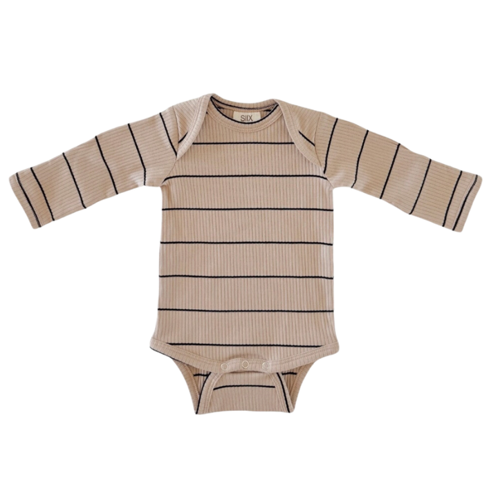 SIIX - Organic Ribbed Long Sleeve Onesie in Tan w/ Black Stripes