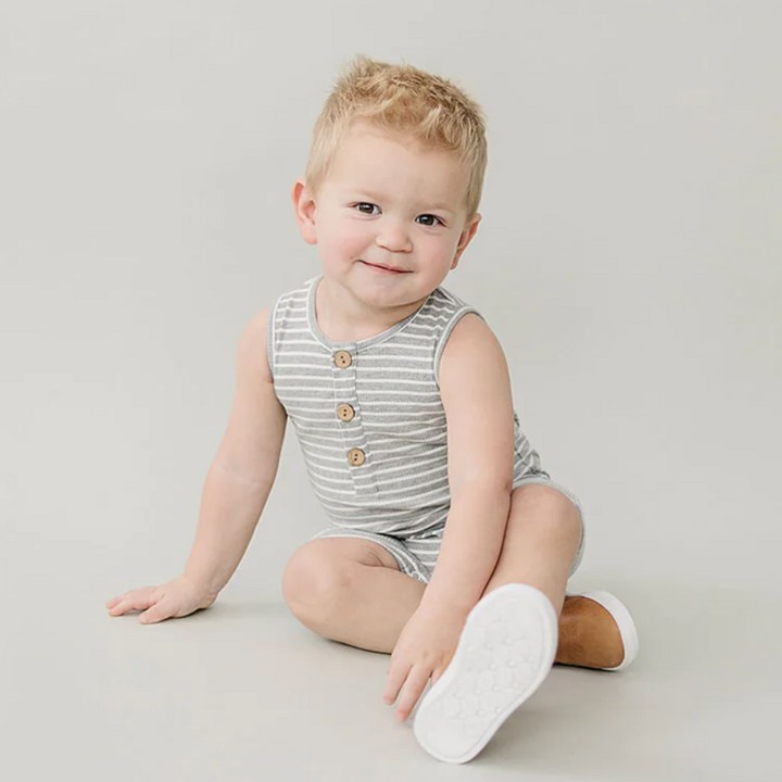 Mebie Baby - Ribbed Shorts Romper in Grey Stripes (18mo)