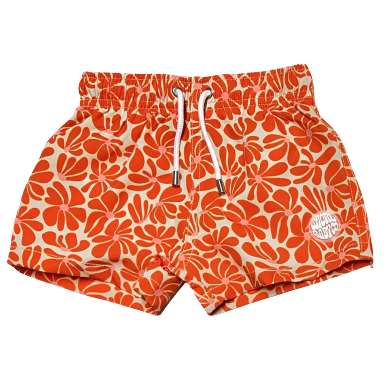 little boys orange floral swim shorts
