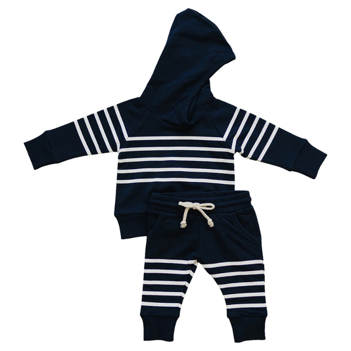 Mebie Baby - Hooded French Terry Set in Navy Stripes