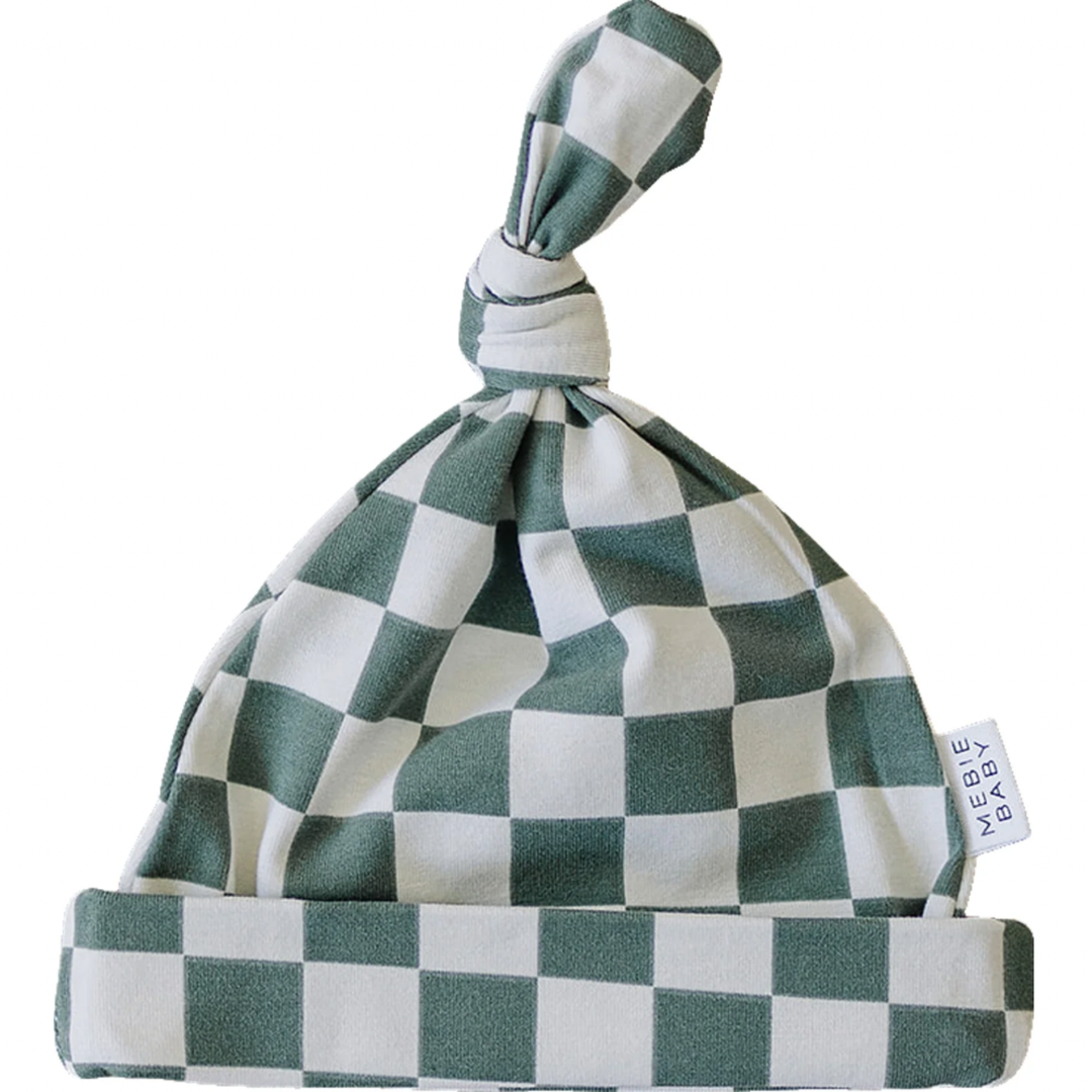 Infant top knot hat green checkers