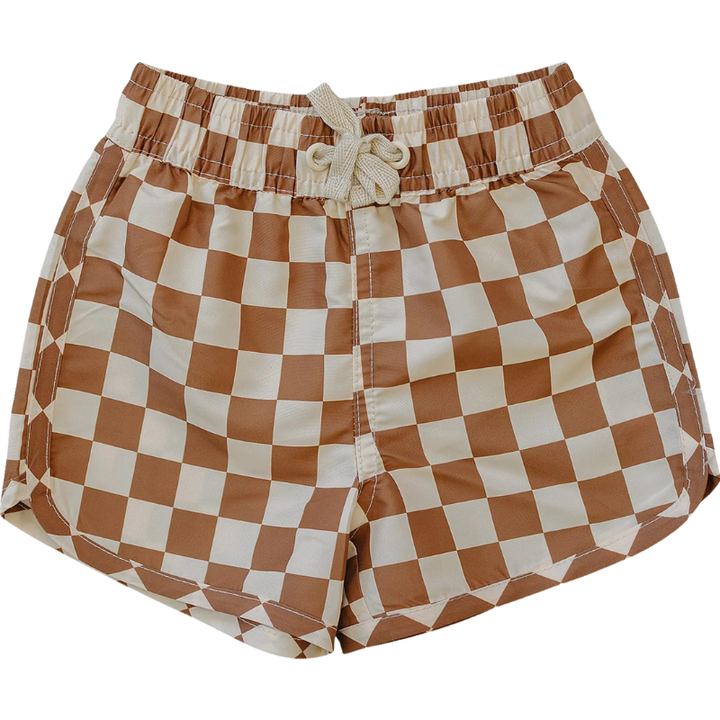 Mebie baby rust checkered swim trunks