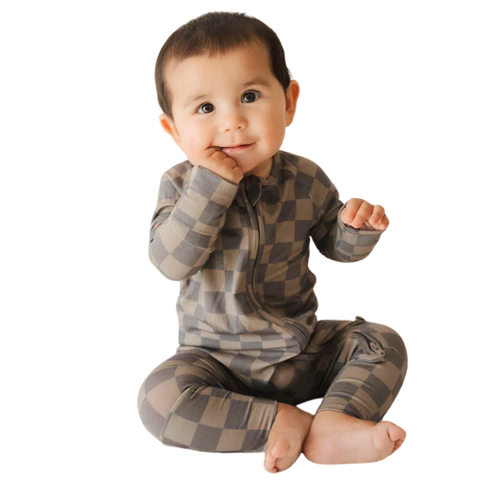 Forever French Baby - Bamboo Zip Pajamas in Brown Checkerboard