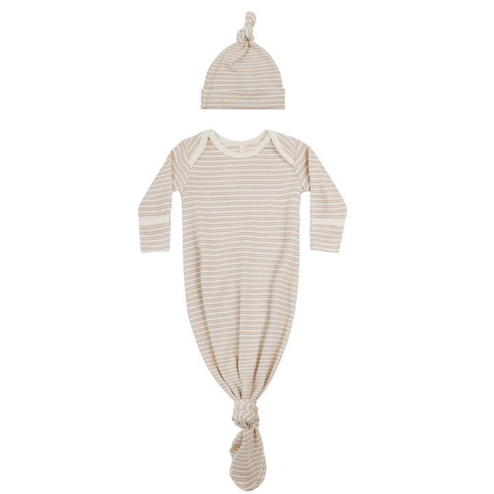 Quincy Mae - Knotted Baby Gown and Hat Set in Oat Stripe