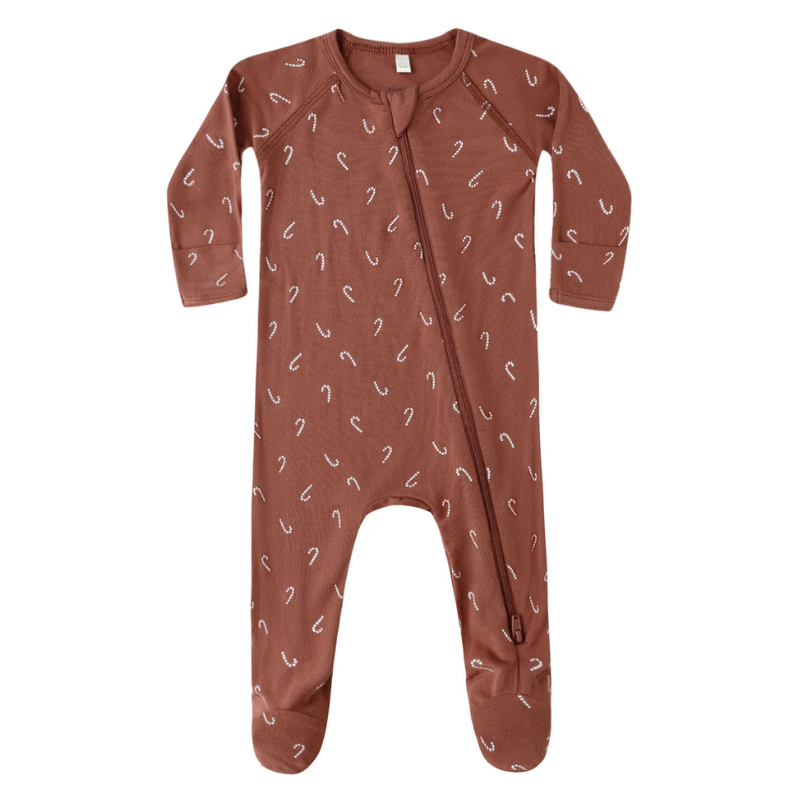 Quincy Mae - Candy Canes Bamboo Zip Footie in Cranberry