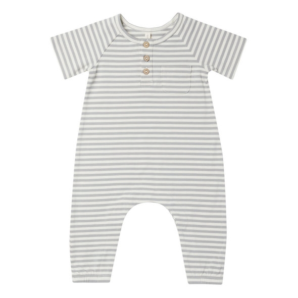 Quincy Mae - Short Sleeve Jumpsuit in Dusty Blue Stripes