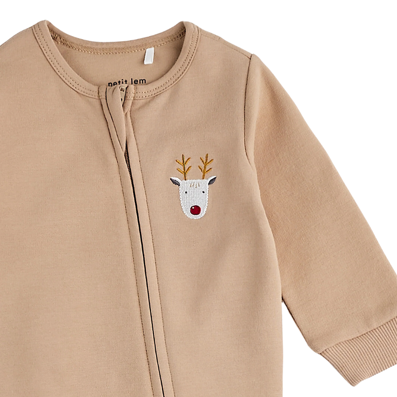 Petit Lem - Littlest Reindeer Fleece Playsuit in Taupe (18mo and 24mo)