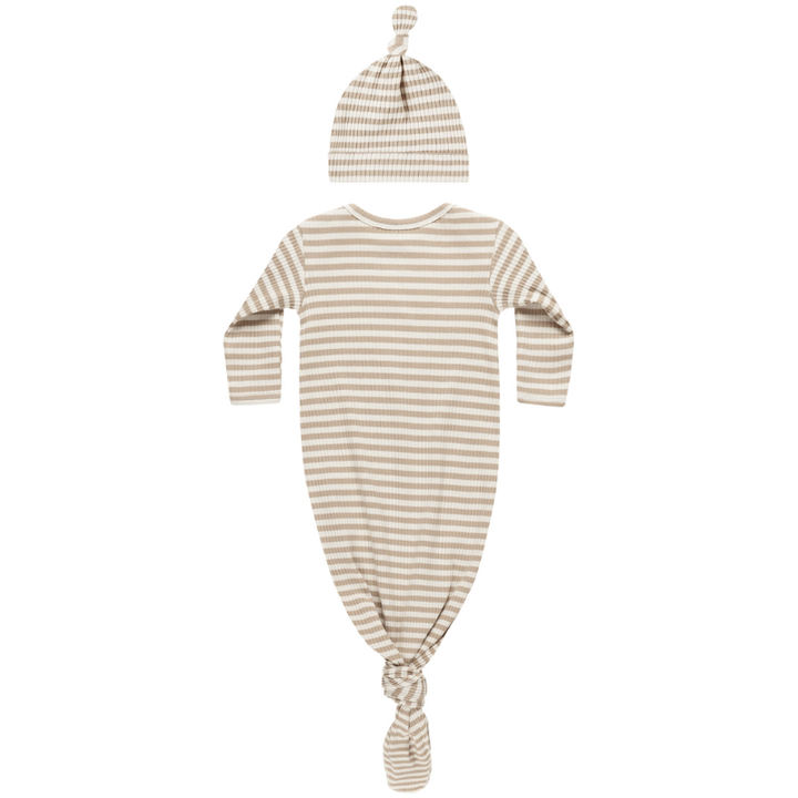 Quincy Mae - Knotted Baby Gown and Hat Set in Latte Stripes