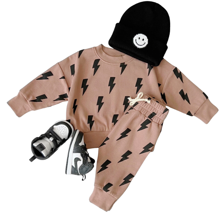 Lucky Panda Kids - Jogger Set in Mocha Bolts